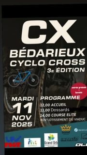 Mardi 11 novembre 3e Cyclo cross de Bedarieux championnat d'Occitanie FSGT.
De la catégorie U15 à ancien et avec toutes les fédérations, tout le monde est acceptés pour concourir et participer👍
Course organisée par le team OLR
Inscriptions : https://www.helloasso.com/associations/on-lache-rien/evenements/3e-cyclo-cross-de-bedarieux