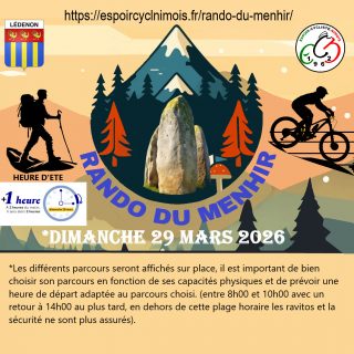 *Rando des Menhirs du 29 Mars
-La situation ne permettant pas d’organiser sereinement la rando des menhirs. Il a été décidé, à regrets, de l’annuler.😢