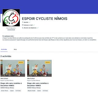 Stage vélo sans roulettes à Decathlon NIMES @decathlon
Vélo Enfant Débutant 4 à 10 ans 
Pour votre enfant, sans les roulettes, cʼest le début de la liberté !
Offrez-lui un stage spécialement conçu pour développer sa confiance et son équilibre.
Avec UGO @espoir_cycliste_nimois , moniteur de vélo, votre enfant gagnera en autonomie tout en s'amusant.
-inscrivez le dès aujourd'hui et c'est parti pour l'aventure !
2 Stages de 2 demi-journées (après-midi) consécutives (3h + 3h)
*lundi/mardi. 20/21 avril. 2026 de 14:00 à 17:00 
*lundi/mardi. 19/20 octobre. 2026 de 14:00 à 17:00
https://activites.decathlon.fr/fr-FR/activites-sportives/details/10255933
2 Stages de 3 demi-journées (après-midi) consécutives (2h + 2h + 2h)
* lundi/mardi/mercredi. 06/07/08 juillet. 2026 de 15:00 à 17:00
* lundi/mardi/mercredi. 24/25/26 aout. 2026 de 15:00 à 17:00
https://activites.decathlon.fr/fr-FR/activites-sportives/details/10256658