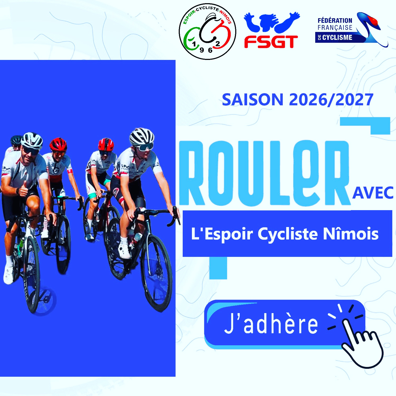 *Ecole de vélo garçons et filles, à partir de 7 ans pour la route et 5 ans pour le VTT (les enfants doivent savoir faire du vélo)
*Section adultes : Tu es un compétiteur ou tu veux tout simplement rester en forme, alors n’hésite plus, viens nous rejoindre !!!
*Nous serons présents au forum des associations à Nîmes, parvis des arènes stand 37, de 9H00 à 17H00 et à Manduel de 09HOO à 13H00
*INFOS/CONTACT : secretaireecn@gmail.com