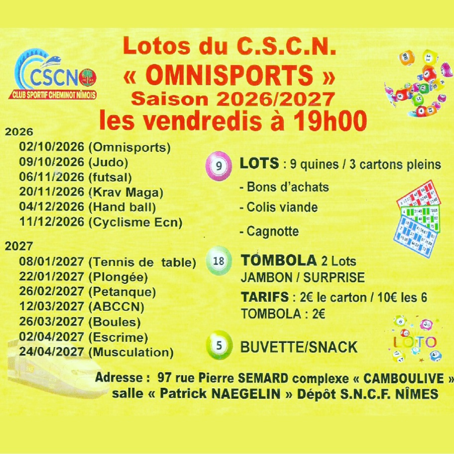 « à noter dans vos agendas »
Comme tous les ans @omnisportsnimes lance la saison des lotos à partir du 02 octobre 2026
Ambiance conviviale et chaleureuse 😍