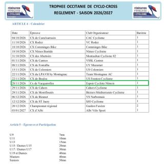 *Le Cercle Athlétique Castelsarrasinois organise le 04 Octobre 2026 une épreuve cycliste intitulée « Cx de la ville de Castelsarrasin « se déroulant sur la commune de Castelsarrasin (82). Cette organisation, inscrite au calendrier Régional Occitanie FFC, ouvre la saison 2026/2027 du Trophée Régional Occitanie : @cac_cyclisme 
Une épreuve F S G T sera organisée à 9h30, 1ere épreuve du challenge Régional Cx FSGT Occitanie-Pyrénées. 
*Pour sa part L’espoir cycliste nîmois vous donne rendez-vous, le Samedi 28 Novembre 2026, pour la 5eme édition du cyclo-cross de Nîmes Vacquerolles, 11eme manche du trophée Régional Occitanie FFC 2026/2027. « Lien de notre site et de notre page Facebook dans la bio »